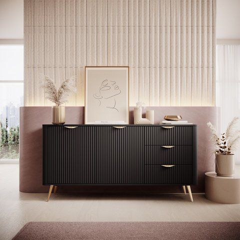 Комод Perfect Home Ланте / Lante 2-дверний з 3 шухлядами і золотими ніжками 2D3S/163 Чорний фотографія