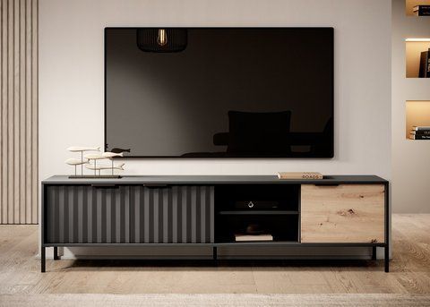 Тумба под телевизор Perfect Home Рейв / Rave 3-дверная 3D/203 Черный/дуб артизан фотография