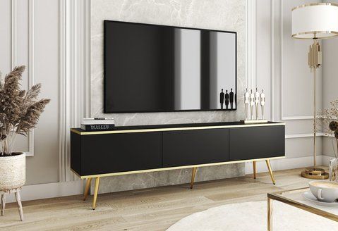 Тумба під телевізор Perfect Home Оро / Oro 3-дверна з золотими ніжками RTV175 Чорний фотографія