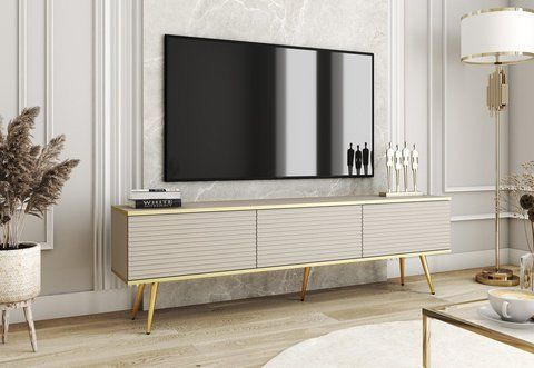 Тумба під телевізор Perfect Home Оро / Oro 3-дверна з золотими ніжками RTV175 MDF Бежевий фотографія