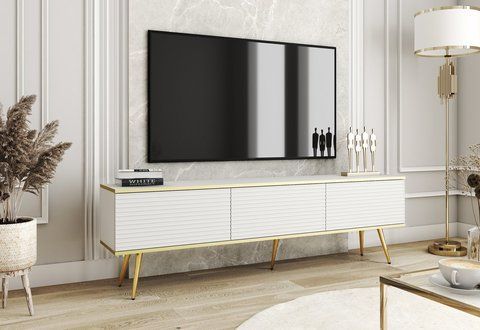Тумба під телевізор Perfect Home Оро / Oro 3-дверна з золотими ніжками RTV175 MDF Білий фотографія