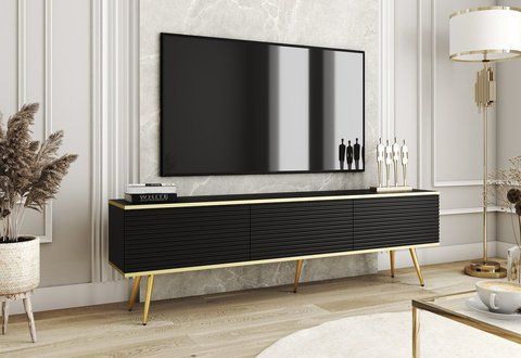 Тумба під телевізор Perfect Home Оро / Oro 3-дверна з золотими ніжками RTV175 MDF Чорний фотографія