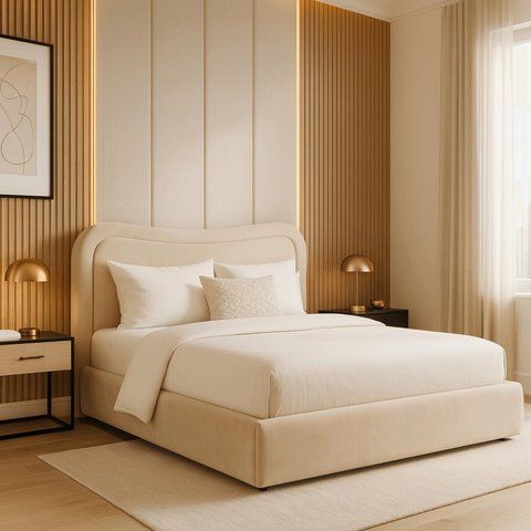 Кровать двуспальная MEBEL ELITE HAGA Velvet 160x200 см Кремовая фотография