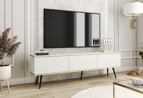 Тумба під телевізор Perfect Home Оро / Oro 3-дверна з чорними ніжками RTV175 MDF Білий фотографія