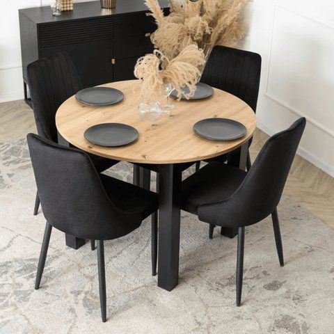 Комплект стіл MEBEL ELITE HARRY 102(142)х102 см дуб Artisan/чорний, та 4 чорних стільців BARI фотографія