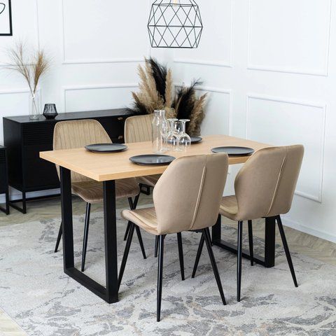Комплект стол MEBEL ELITE GLOS 135х80 см Дуб Золотой / Черный +4 стула LILAC Беж фотография