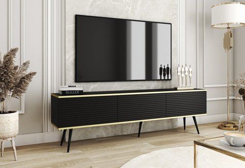 Тумба під телевізор Perfect Home Оро / Oro 3-дверна з чорними ніжками RTV175 MDF Чорний фотографія