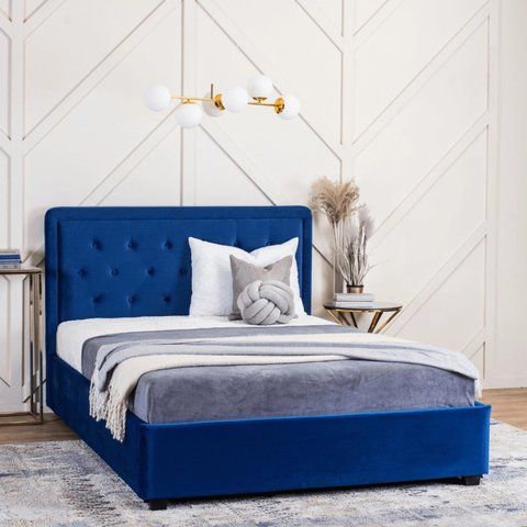 Кровать двуспальная бархатная MEBEL ELITE CROS Velvet 160x200 см Синий фотография