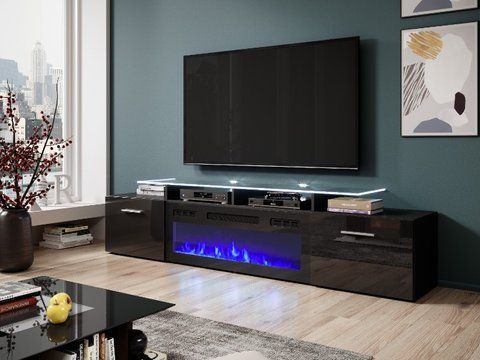 ТВ Тумба з Каміном ROVA RTV Cama 190 Чорний Мат / Чорний Глянець фотографія