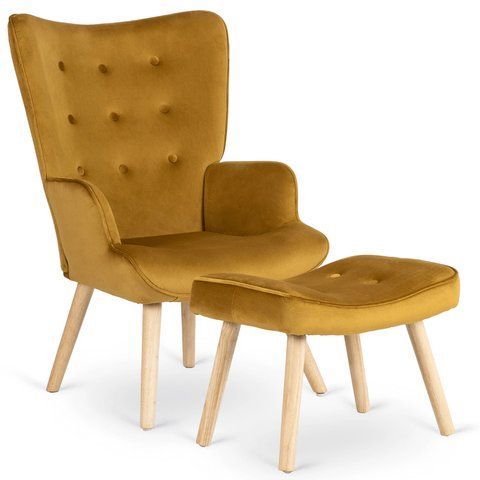 Кресло мягкое бархатное с подставкой для ног MEBEL ELITE LOZANO Velvet Горчичный фотография