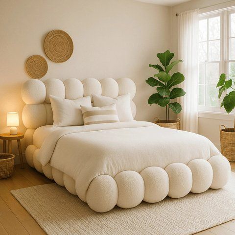 Кровать двуспальная MEBEL ELITE ANKARA 160x200 см Кремовая Букле фотография