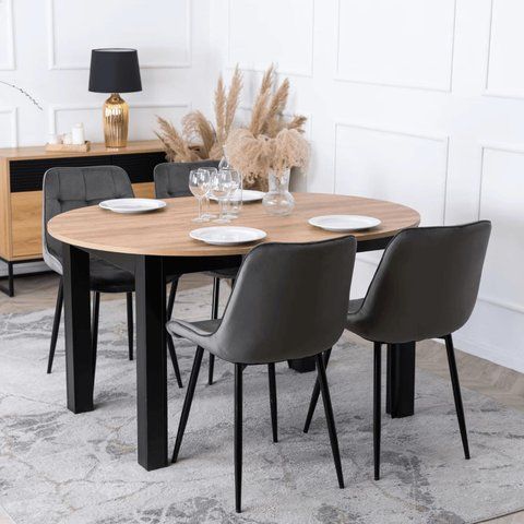 Комплект стіл MEBEL ELITE HARRY 102(142)х102 см дубовий/чорний, та 4 стільців CHRIS сірого кольору фотографія