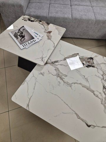 Комплект журнальных столиков INDIANA Intarsio 80x80 Белый Глянец Эффект Мрамора / Черный фотография