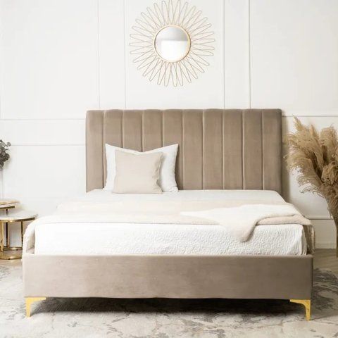 Кровать двуспальная бархатная MEBEL ELITE MARCELO Velvet 160x200 см Бежевый фотография