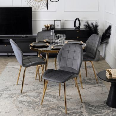 Комплект стола MEBEL ELITE TINGA 100х100 см Черный/золото +4 стулья IRYS Velvet Серый/золото фотография