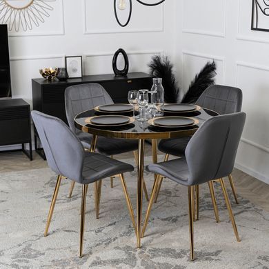 Комплект стола MEBEL ELITE TINGA 100х100 см Черный/золото +4 стулья IRYS Velvet Серый/золото фотография