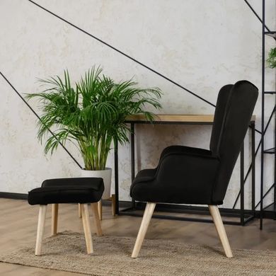 Кресло мягкое бархатное с подставкой для ног MEBEL ELITE LOZANO Velvet Черный фотография
