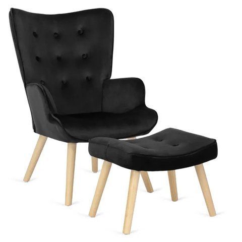 Кресло мягкое бархатное с подставкой для ног MEBEL ELITE LOZANO Velvet Черный фотография