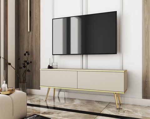 Тумба під телевізор Perfect Home Оро / Oro 2-дверна з золотими ніжками RTV135 Бежевий фотографія