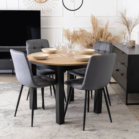 Комплект стіл розкладний MEBEL ELITE HARRY 102(142)х102 см Дуб Артизан/ Чорний +4 стільці PERU Сірий фотографія