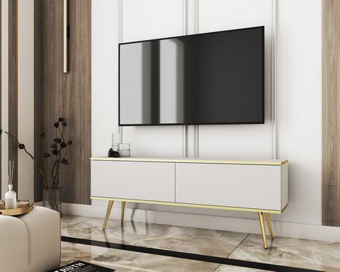 Тумба під телевізор Perfect Home Оро / Oro 2-дверна з золотими ніжками RTV135 Білий фотографія