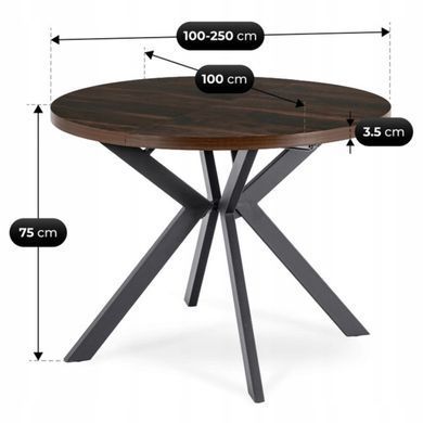 Стіл розкладний круглий MEBEL ELITE LUKAS 100(250)х100 см Горіх/чорний фотографія