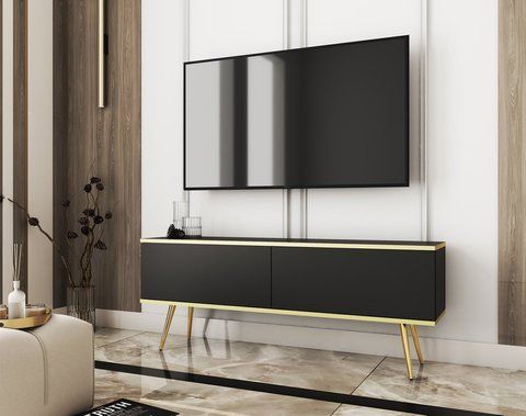 Тумба під телевізор Perfect Home Оро / Oro 2-дверна з золотими ніжками RTV135 Чорний фотографія