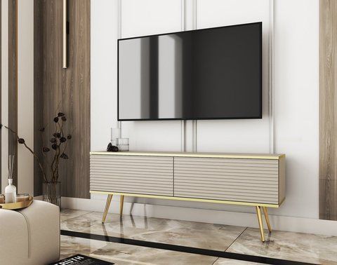 Тумба під телевізор Perfect Home Оро / Oro 2-дверна з золотими ніжками RTV135 MDF Бежевий фотографія