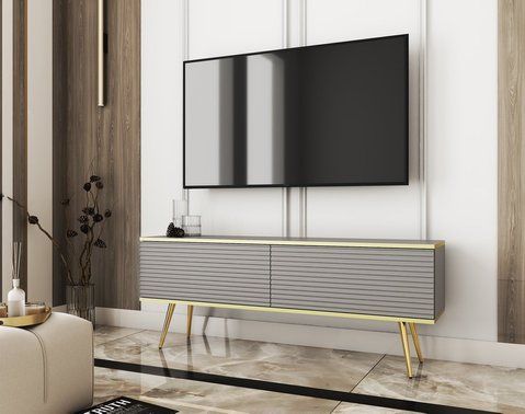 Тумба під телевізор Perfect Home Оро / Oro 2-дверна з золотими ніжками RTV135 MDF Сірий фотографія